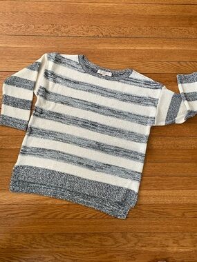 Ann Taylor LOFT Cream and Black Striped Crewneck Sweater